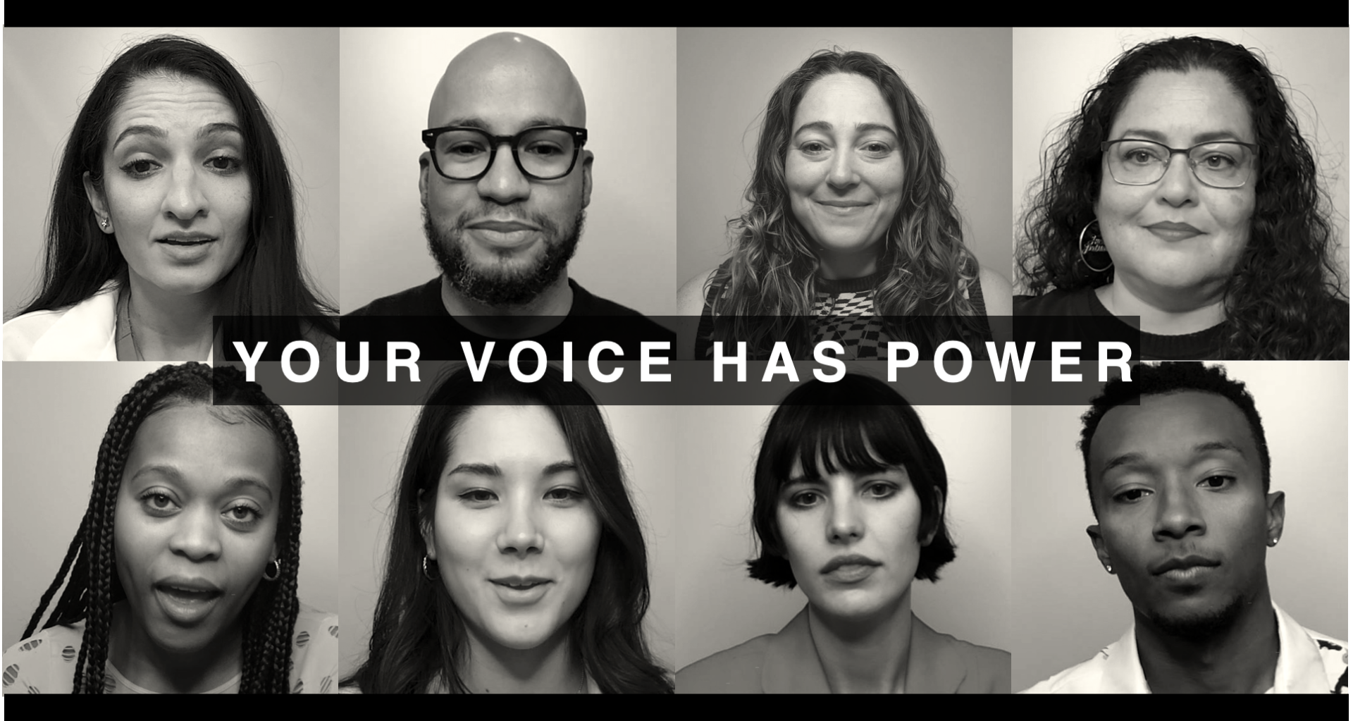 Symetrical Image with 8 faces of VoiceBox participants telling their story.